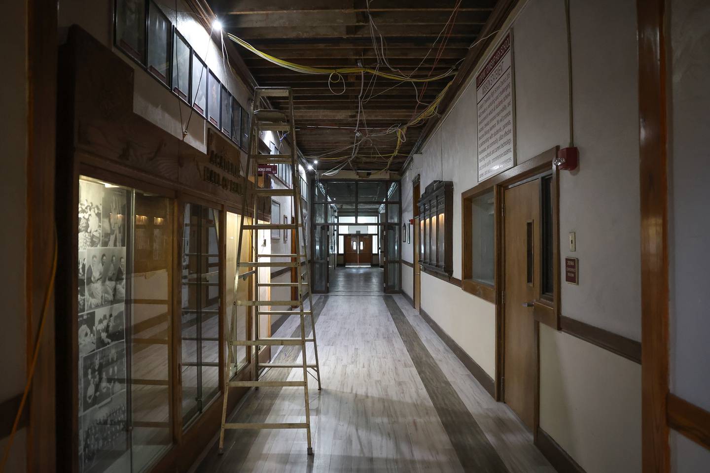 Sections of ceilings are exposed in the hallways at Lockport Township High School Central Campus as work continues on Thursday, April 18, 2024.