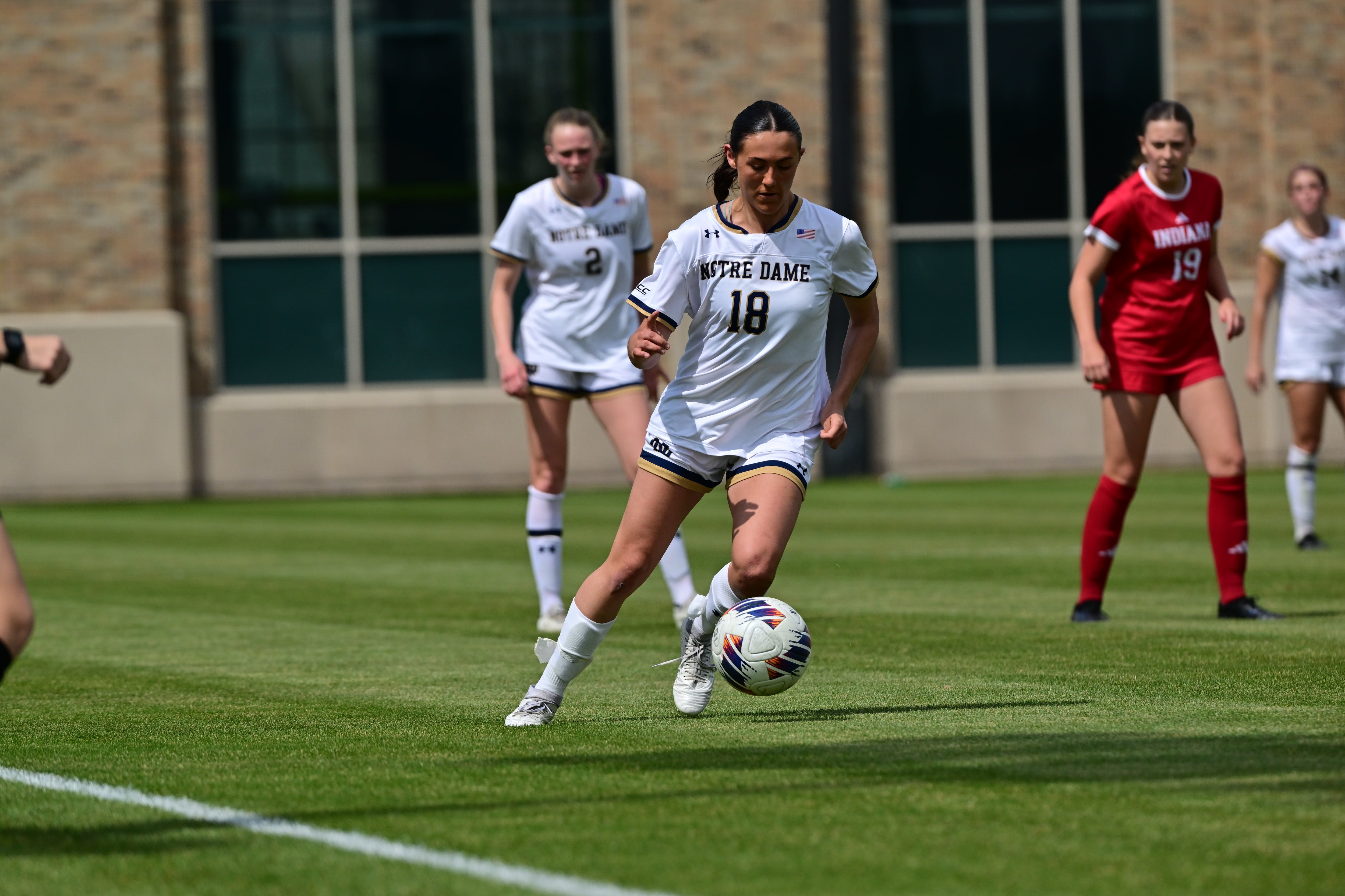 Dundee-Crown alumna Berkley Mensik (18) moves the ball up the pitch during a match this spring. Mensik is set to make her return to the pitch this fall after undergoing double-knee surgery last year. Photo courtesy Matt Cashore/Notre Dame Athletics