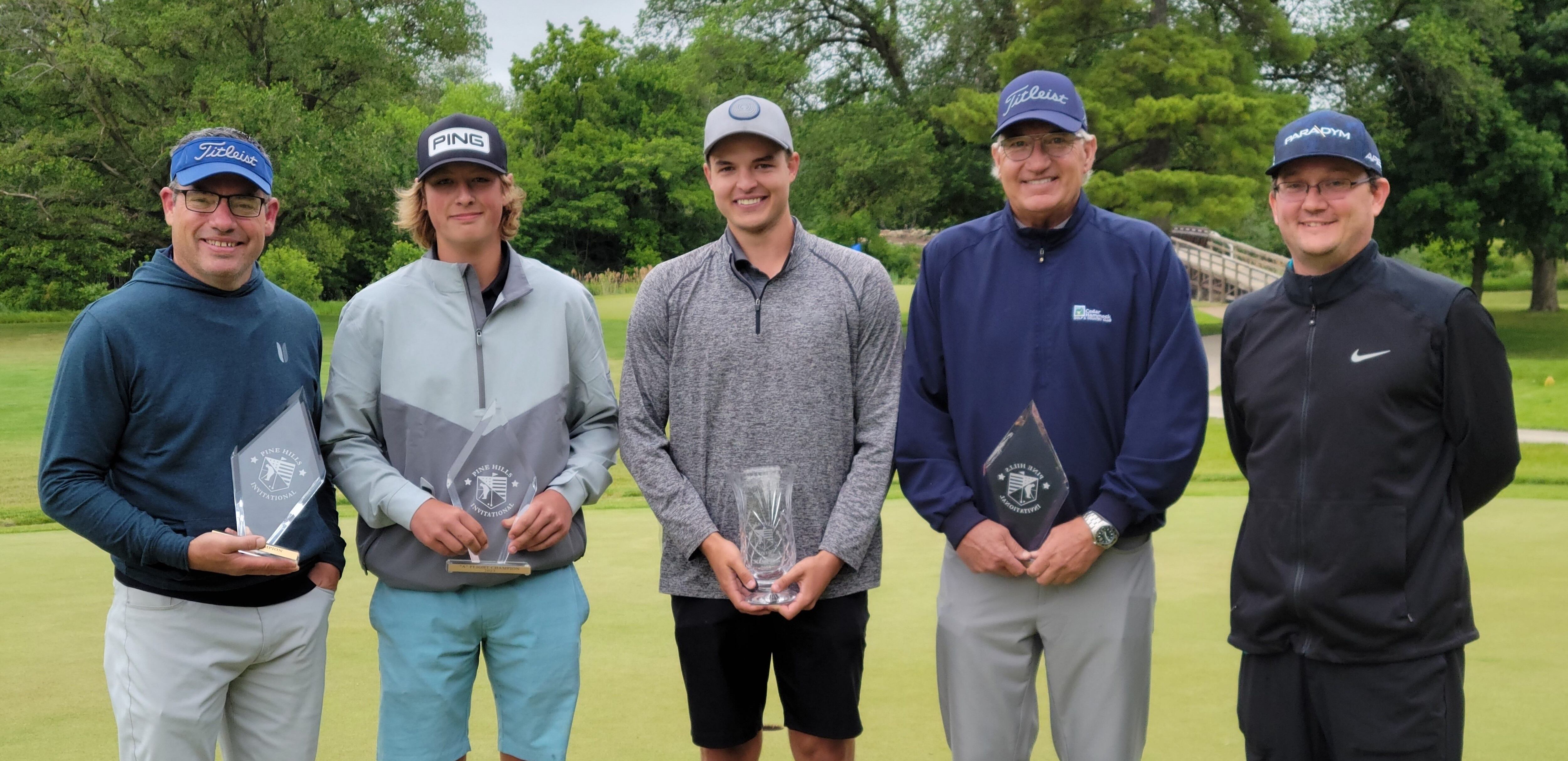 Baley Lehr (center) won the 75th Pine Hills Invitational on Sunday. Also pictured are (from left) Seniors champ Scott Atkins, A Flight winner Cole Park, Super Seniors champ Christian Beto and tournament director Jeremiah Pike.