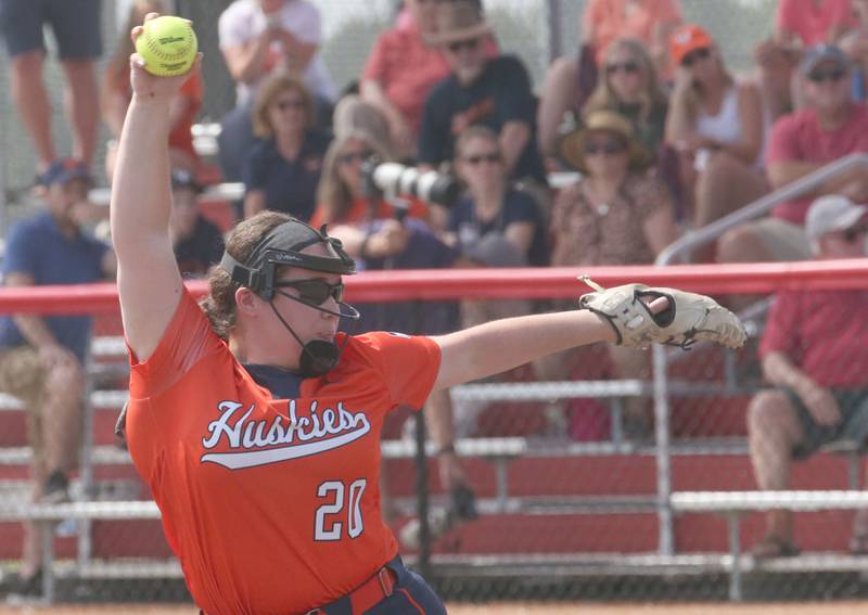 Oak Park-River Forest pitcher Bella Morales delivers a pitch to Yorkville during the Class 4A State semifinal softball game on Friday, June 9, 2023 at the Louisville Slugger Sports Complex in Peoria.