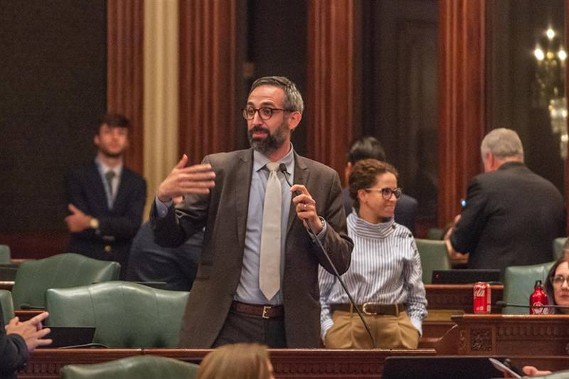 Rep. Will Guzzardi, D-Chicago, speaks on the floor after 3 a.m. on Wednesday, May 29, to stall for time as Democrats gathered enough members to the chamber to pass a revenue bill. The scramble to pass that bill ultimately prevented lawmakers from passing a measure to grant 1,500 acres of park land to the Prairie Band Potawatomi Nation, Guzzardi said.