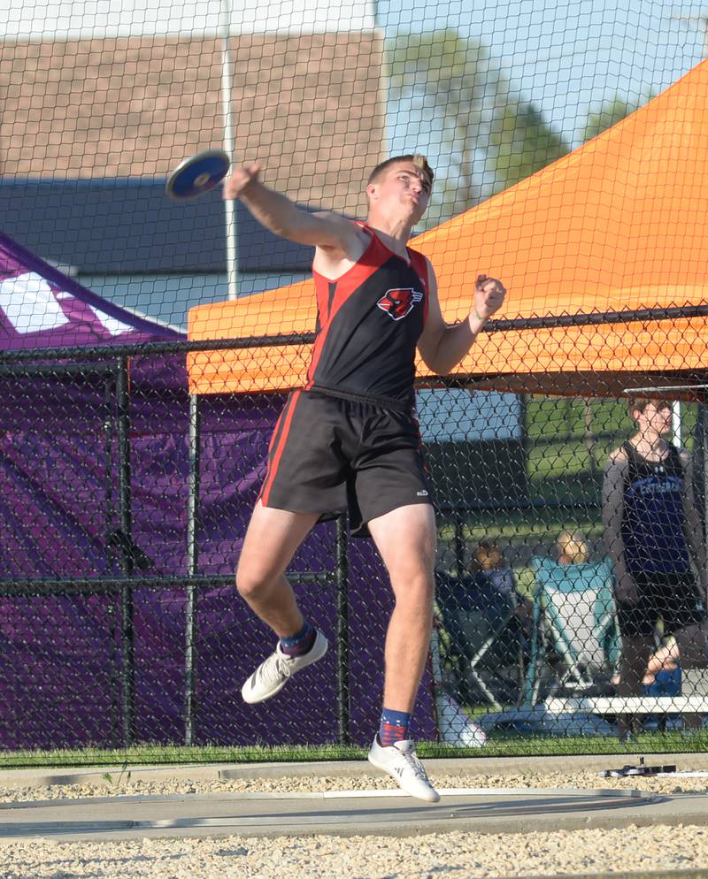 Forreston's Hunter DeWall throes the discus at the 1A Winnebago Sectional on Friday, May 17, 2024 in Winnebago. He finished third in the event with a best throw of 37.52 meters (123' 1").