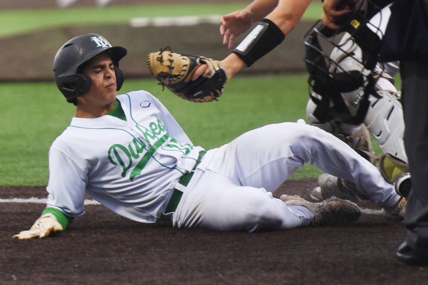 York’s Drew Gami gets tagged out at home during the Class 4A state baseball third-place game against Edwardsville at Duly Health and Care Field on Saturday, June 8, 2024 in Joliet.