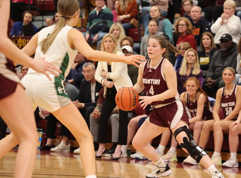 Montini Catholic’s Riley White (4) looks for an outlet against Grayslake Central during the girls Class 3A Concordia University Supersectional basketball game on Monday, Feb. 26, 2024 in River Forest, IL.