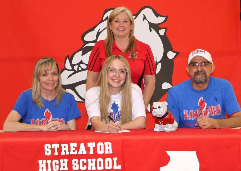 Recent Streator High graduate Sophia Pence has signed to continue her education at Lincoln Land Community College in Springfield and her volleyball career at the NJCAA level with the Loggers. Pence, an outside hitter who earned honorable mention to the 2023 Times All-Area Girls Volleyball Team, is pictured (front, center) at her signing ceremony alongside her parents, with Streator volleyball coach Julie Gabehart standing.