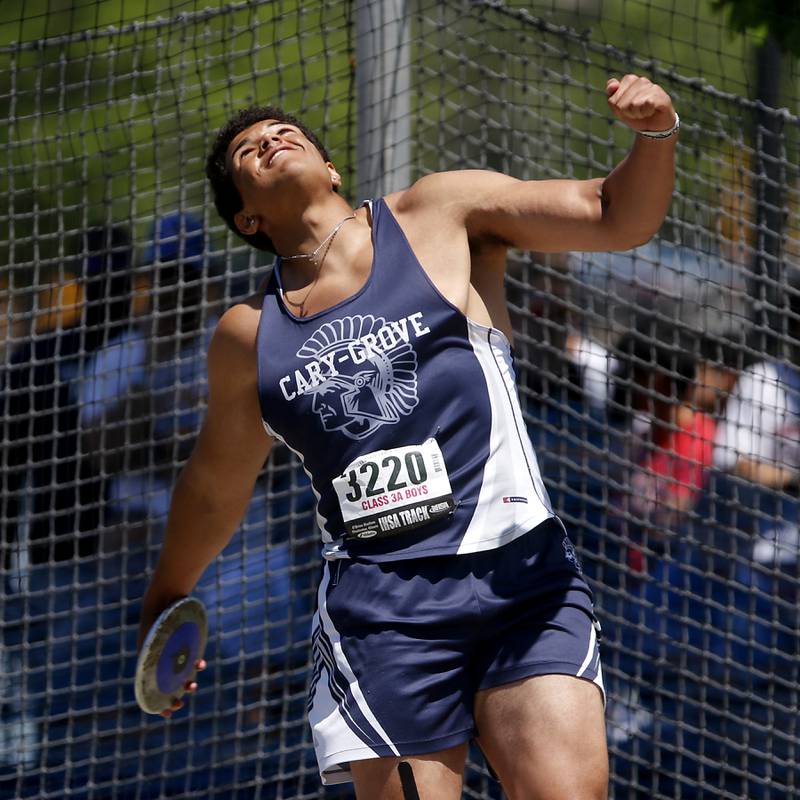 Cary-Grove’s Reece Ihenacho throws the discus during the IHSA Class 3A Boys State Track and Field Championship meet on Saturday, May 25, 2024, at Eastern Illinois University in Charleston.