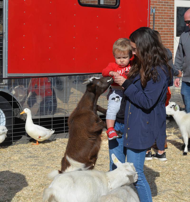 Everett Cabb, 1, of Oregon, feeds a goat as he is held by Alyssa Arends at the Autumn on Parade petting zoo on Saturday, Oct. 7, 2023. The petting zoo was one of the activities for kids in the Fun Zone.