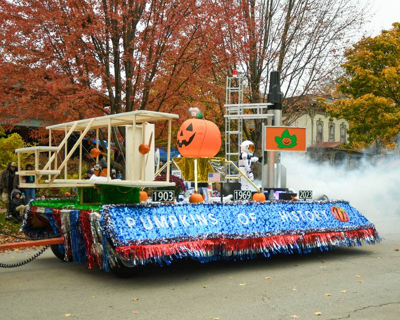 Best of parade float shows the history of flight during the Sycamore Pumpkin Festival Parade held in Sycamore on Sunday Oct. 29, 2023.