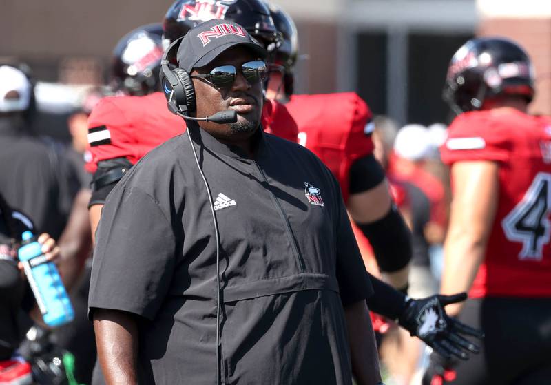 Northern Illinois head coach Thomas Hammock watches his offense drive down the field against Western Illinois during their game Saturday, Aug. 31, 2024, in Huskie Stadium at NIU in DeKalb.