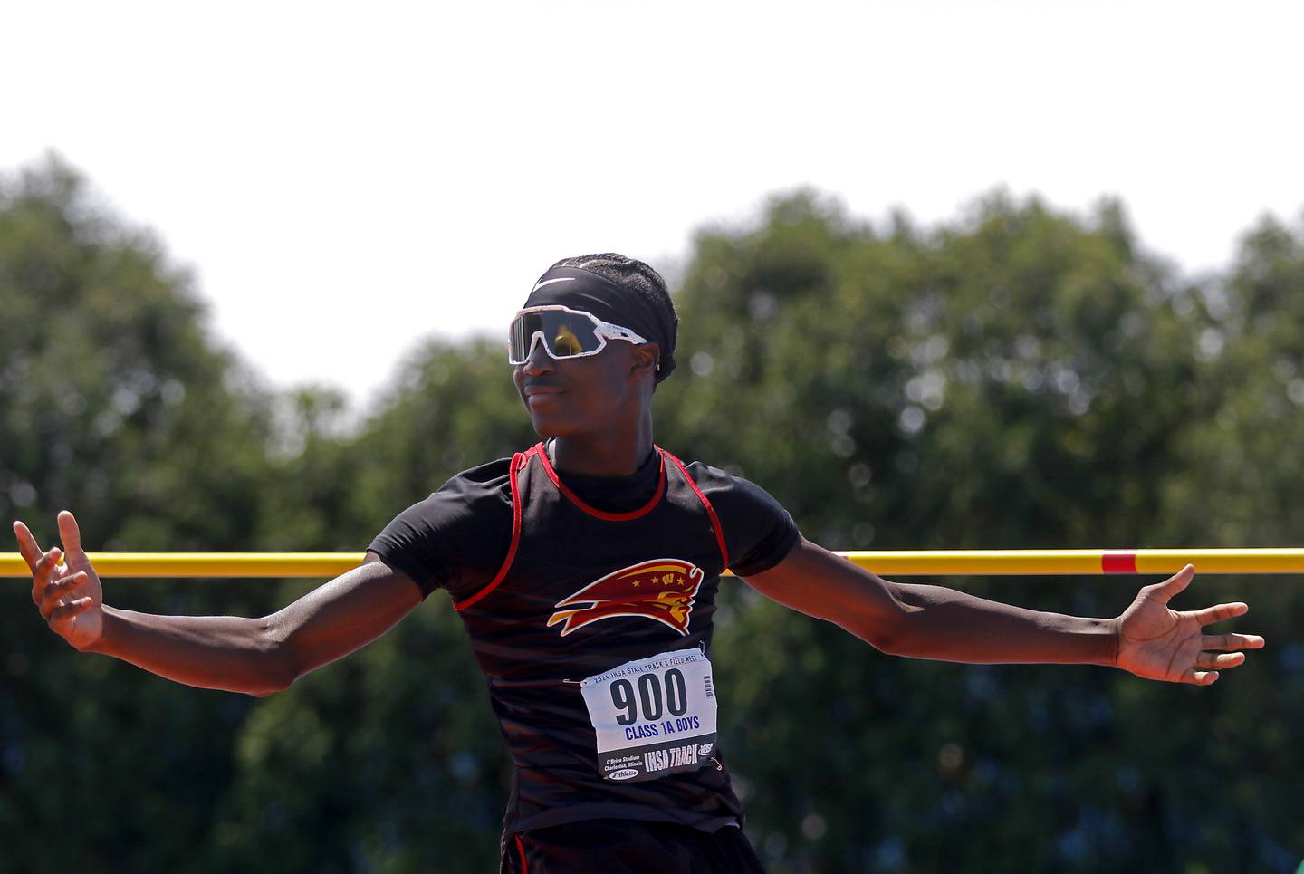 Westmont’s Abraham Johnson reacts to clearing 1.97 meters in the high jump fro finish second in the event at the IHSA Class 1A Boys State Track and Field Championship meet on Saturday, May 25, 2024, at Eastern Illinois University in Charleston.