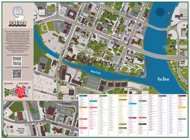 This locator map, with QR codes leading to the new McHenry Business Directory and a mobile map, has been installed at the Green Street entrance to the McHenry Riverwalk.