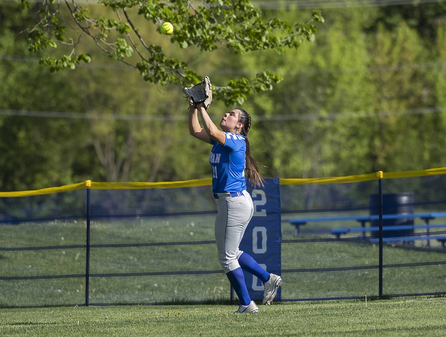 Newman’s Amiya Rodriguez hauls in a fly ball against Morrison Friday, May 3, 2024 at Newman High School.