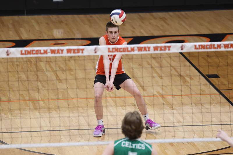 Lincoln-Way West’s Colin Baikie receives a serves against Providence on Wednesday, April 3, 2024 in New Lenox.