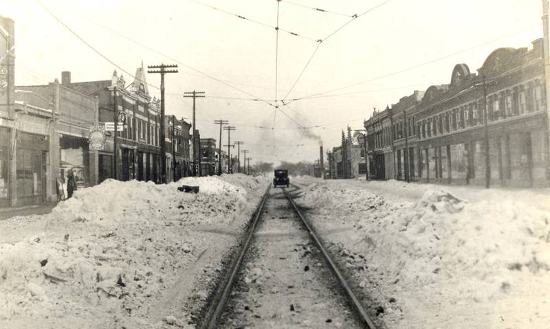 1918 Blizzard view looking east down West State in Geneva.