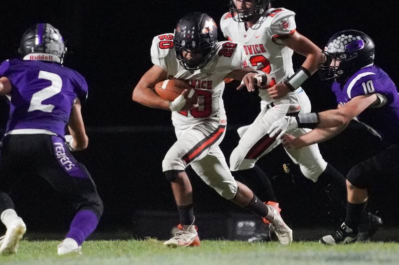 Sandwich’s Diego Gomez (20) carries the ball against Plano during a football game at Plano High School on Friday, Sep 13, 2024.