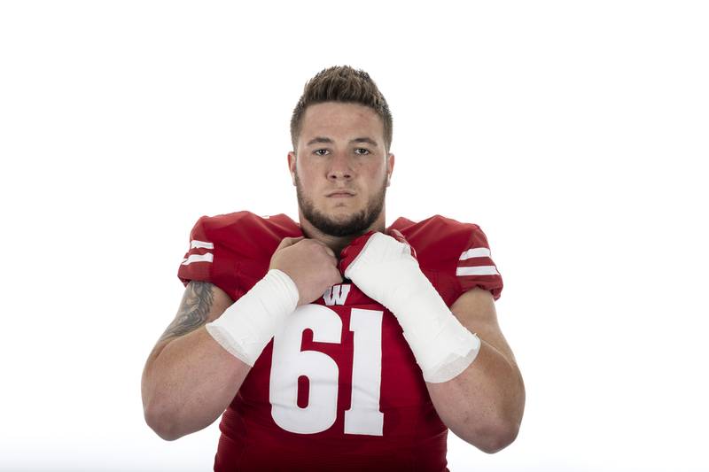 Wisconsin Badgers' offensive lineman Dylan Barrett (61) poses during the Wisconsin football team portrait day June 19, 2023 in Madison, Wisconsin.
Photo by Tom Lynn/Wisconsin Athletic Communications