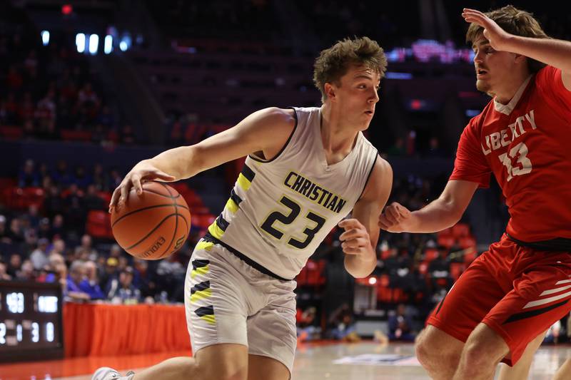 Yorkville Christian’s Brayden Long makes a move to the basket against Liberty in the Class 1A championship game at State Farm Center in Champaign. Friday, Mar. 11, 2022, in Champaign.