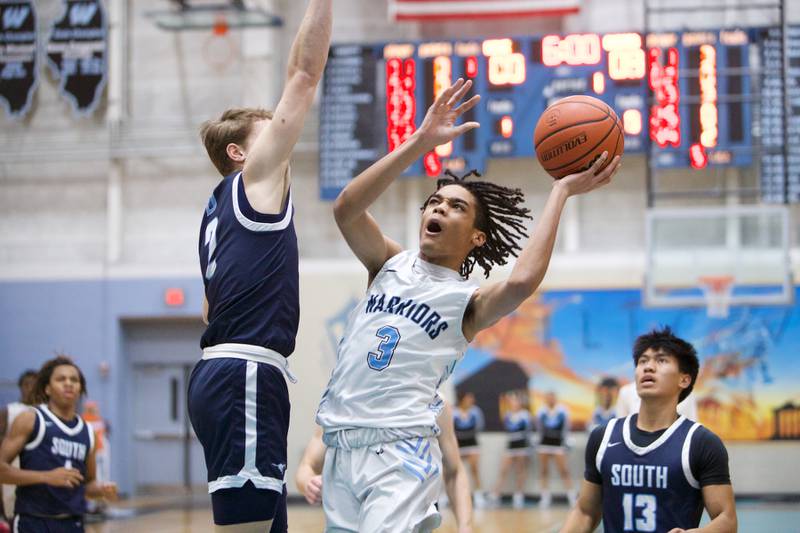 Willowbrook's Jaylen Griffin goes in for the lay up against Downer Grove South on Friday, Feb.2,2024 in Villa Park.