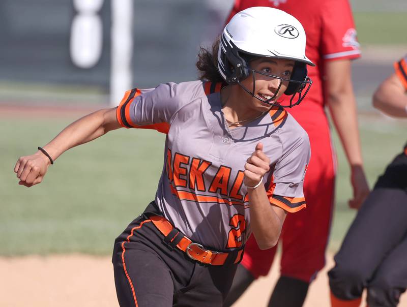DeKalb's Nazeria  Dean rounds second on her way to third during their Class 4A regional semifinal game against Rockford Auburn Wednesday, May 22, 2024, at Hampshire High School.