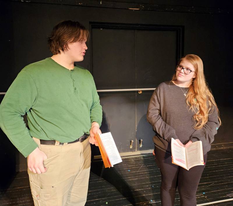 "Our Town" cast members Josh Hane and Kailey Christine rehearse for Indian Valley Theatre's upcoming production, April 12-14, 2024.