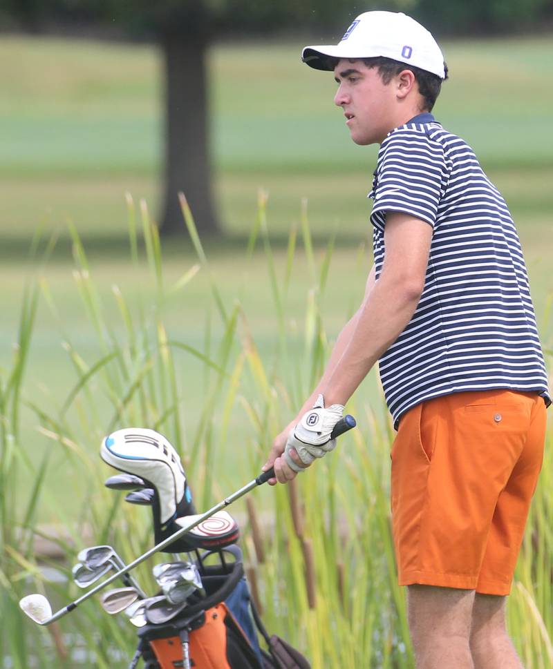 Oswego's Michael Holmstrom golfs Oswego's Carlie Cooney golfs on the 6th hole during the Pirate Invitational golf meet on Monday, Sept. 16, 2024 at Deer Park Golf Course in Oglesby.