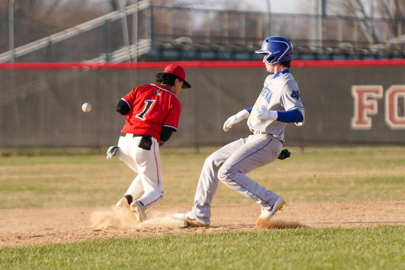 Geneva’s Nate Stempowski (3) reaches second after hitting an RBI double against Yorkville during a baseball game at Yorkville High School on Thursday, March 21, 2024.