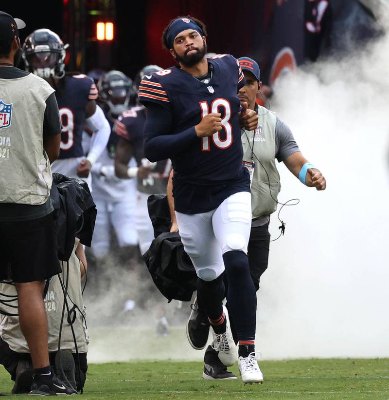 Chicago Bears quarterback Caleb Williams takes the field for the first time in Chicago before his game with the Cincinnati Bengals Saturday, Aug. 17, 2024, at Soldier Field in Chicago.