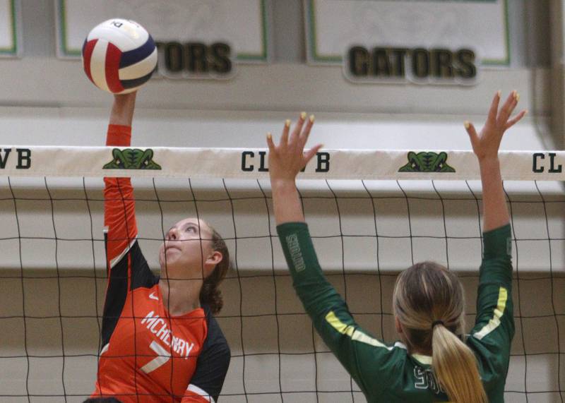 McHenry’s Sophia Zieba hits the ball in varsity volleyball on Tuesday, Sept. 17, 2024, at Crystal Lake South High School in Crystal Lake.