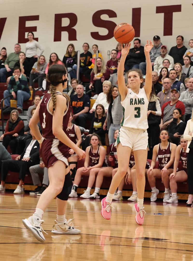 Grayslake Central’s Ava Henne (3) takes a shot against Montini Catholic during the girls Class 3A Concordia University Supersectional basketball game on Monday, Feb. 26, 2024 in River Forest, IL.