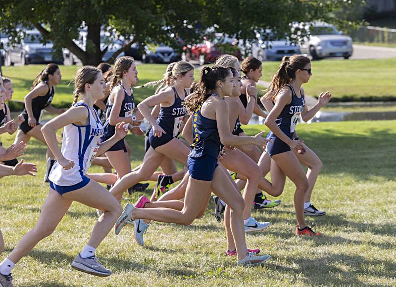 Newman, Rock Falls and Sterling girls take off from the starting line Tuesday, Sept. 12, 2023 during the Twin Cities Meet at Centennial Park in Rock Falls.