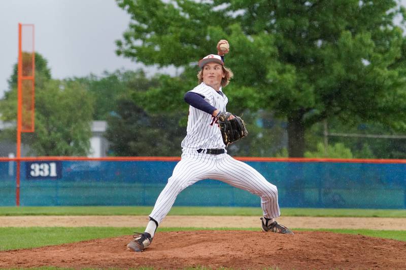 Oswego’s Noah Mottet (14) pitched a complete game shutout against Oswego East at Oswego High School on Monday, May 13, 2024.