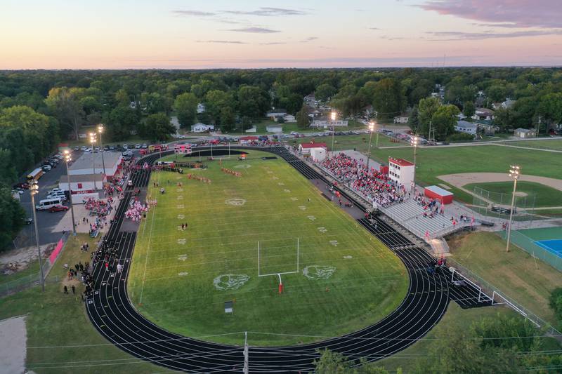 An aerial photo of Doug Dieken Stadium as the sun sets during the 103rd meeting between Ottawa and Streator football. The first played on Nov. 3, 1894.