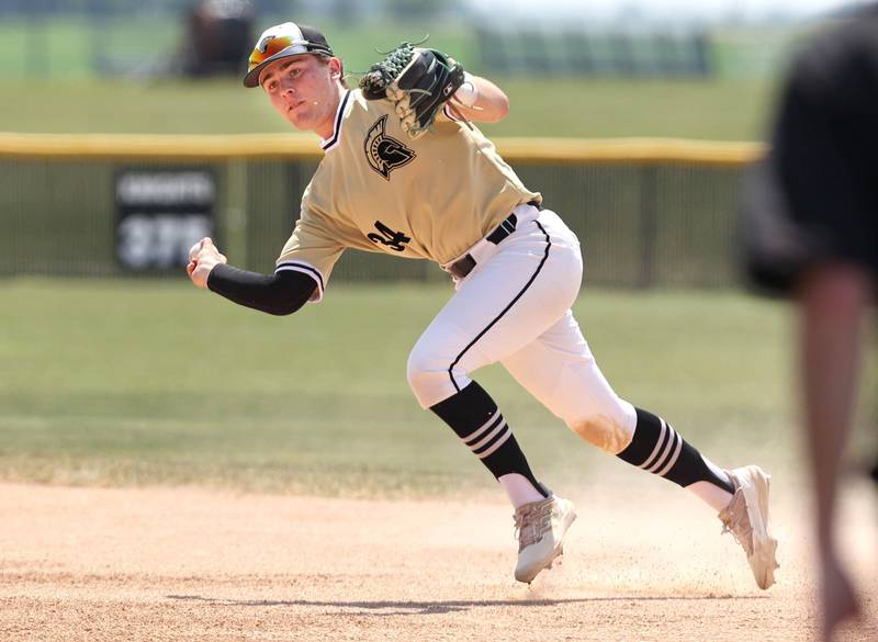 Sycamore's Joey Puleo makes an off balance throw to record an out during their Class 3A sectional final win over Burlington Central Saturday, June 3, 2023, at Kaneland High School in Maple Park.