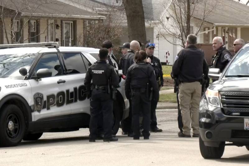 In this image taken from video provided by WTVO-TV/WQRF-TV/NewsNation, law enforcement personnel work at the scene, Wednesday, March 27, 2024, in Rockford, where four people were killed and five were wounded in stabbings.