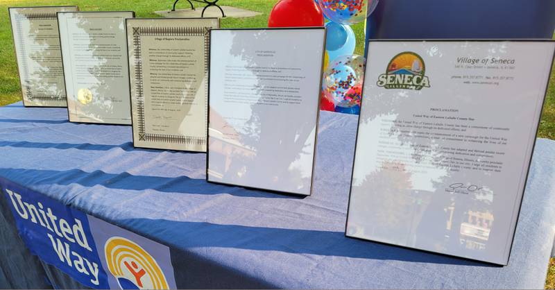 The frames proclamations from the communities of Ottawa, Marseilles, Seneca, Sheridan and Naplate, each declaring Sept. 10 United Way Day, were on display at Washington Square Park in Ottawa Tuesday.