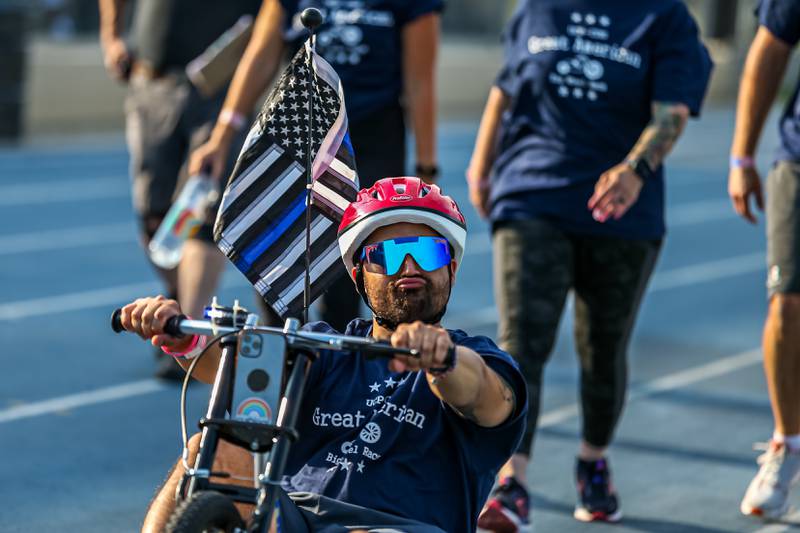 Mike Outlaw out in front of the Cresthill Police team before the start of the Great American Big Wheel Race.  July 22nd, 2023