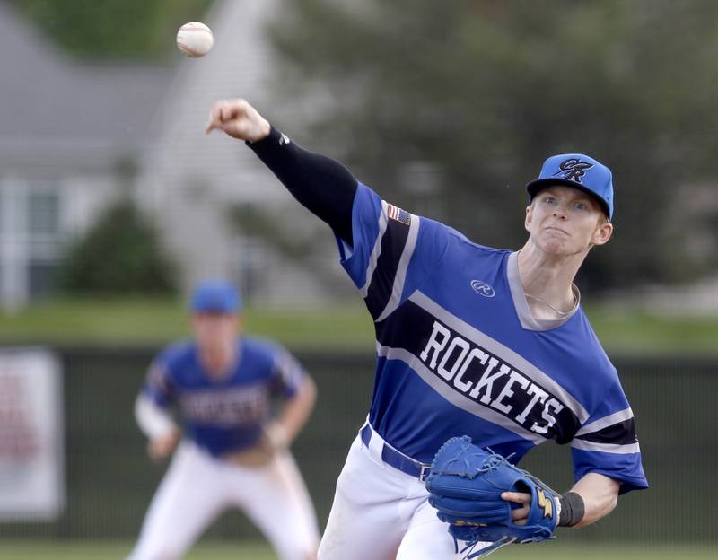 Burlington Central's Brady Gilroy throws a pitch during a Fox Valley Conference baseball game against Huntley on Friday, May 10, 2024, at Huntley High School.