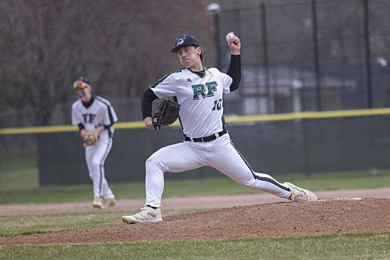 Rock Falls’ Carter Schueler fires a pitch against Sterling Friday, March 29, 2024 at Rock Falls High School.