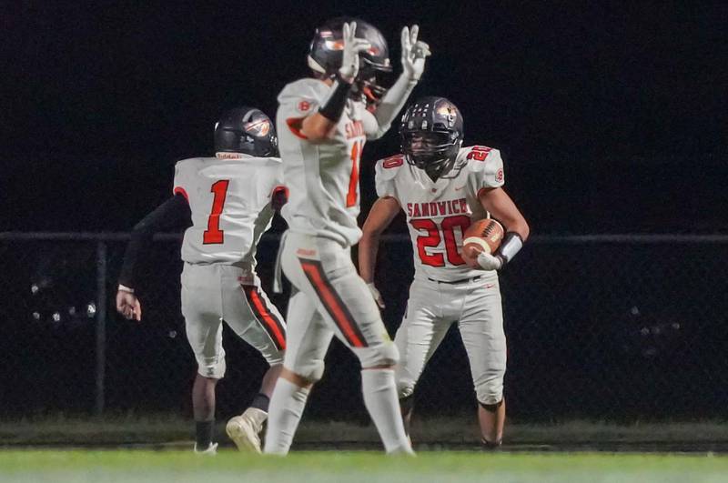 Sandwich’s Diego Gomez (20) scores a touchdown against Plano during a football game at Plano High School on Friday, Sep 13, 2024.