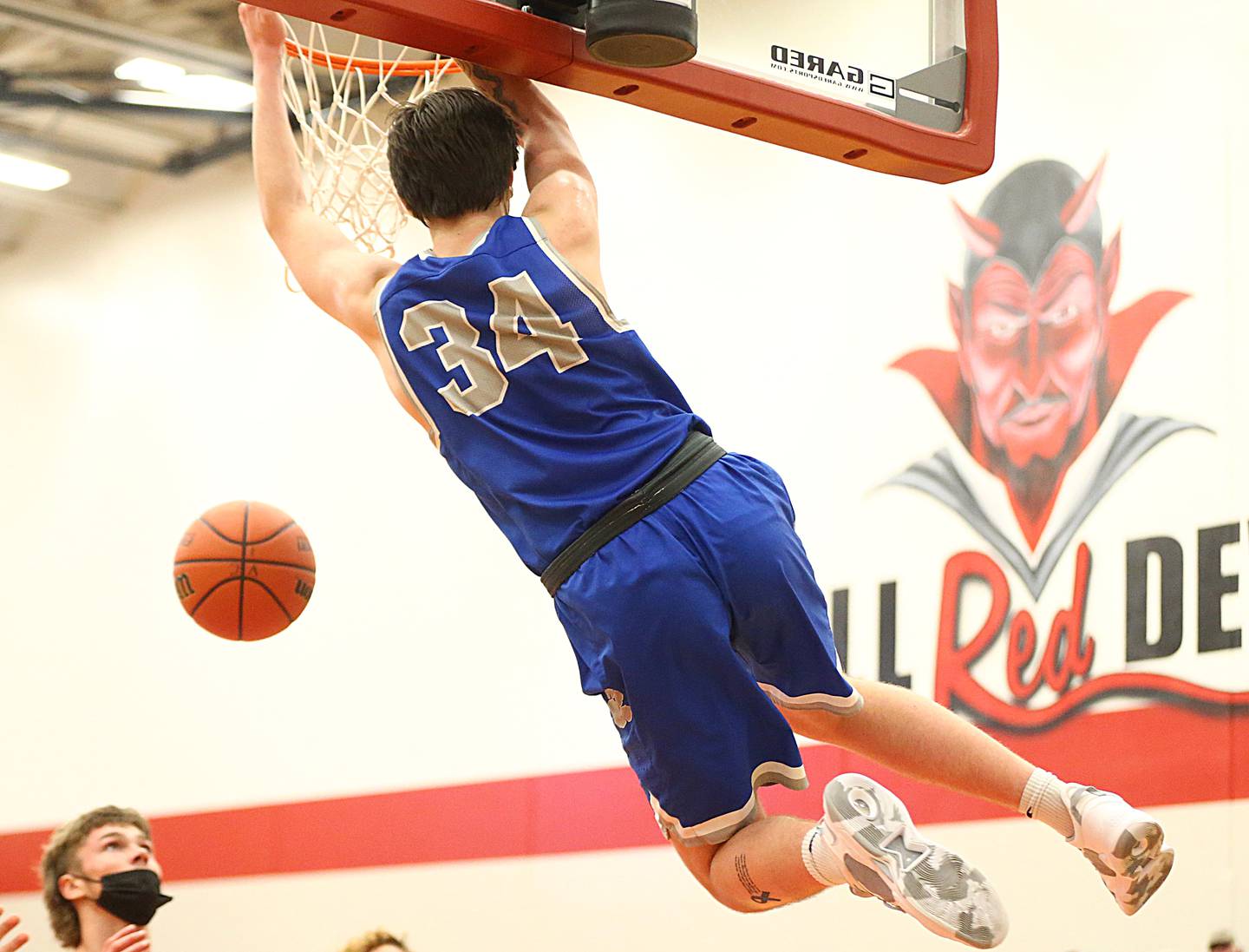 Princeton’s Kolton Monroe (34) dunks the ball against St. Bede during the 47th Colmone Classic tournament on Tuesday Dec. 7, 2021 at Hall High School in Spring Valley.