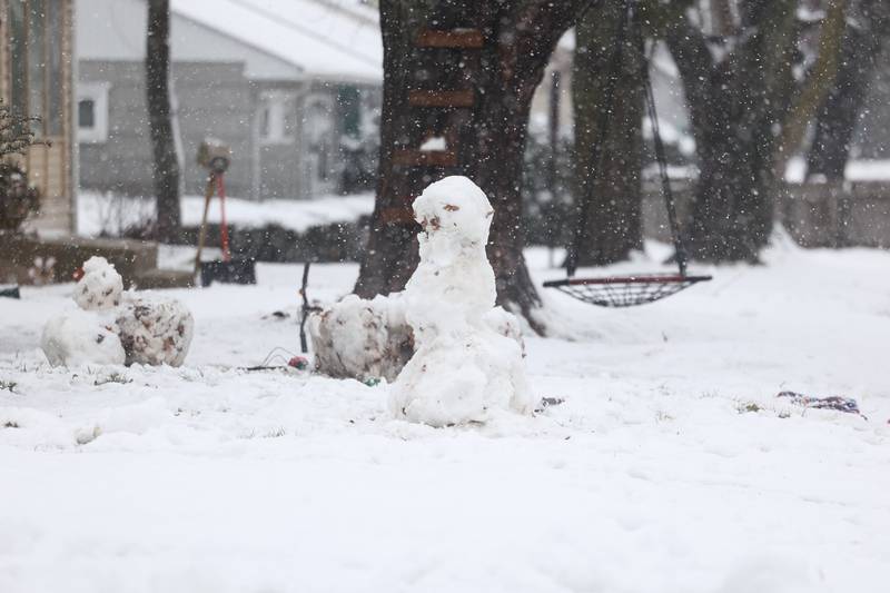 A snowman along Westshire Drive shows wear as morning snow turned to afternoon rain then back to snow in the evening on Tuesday, Jan. 9th, 2024 in Joliet.