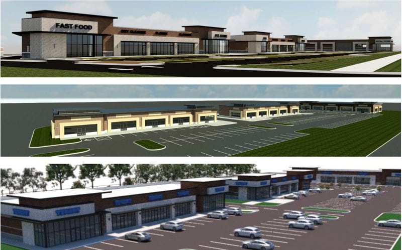 An iteration of renderings presented to Village of Huntley officials for a proposed strip mall at the intersection of Main Street and Charles H. Sass Parkway. The Village Board expressed its like of the first one last week.