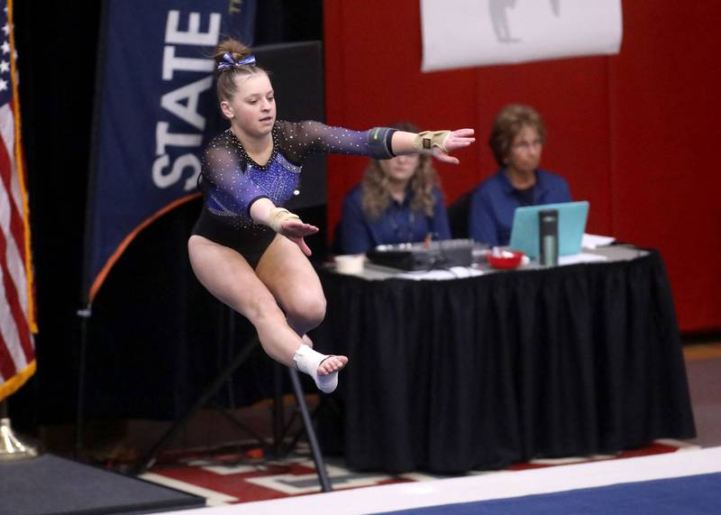 Wheaton Warrenville South’s Jordan Wach competes on the floor exercise during the IHSA Girls State Gymnastics Meet at Palatine High School on Friday, Feb. 16, 2024.