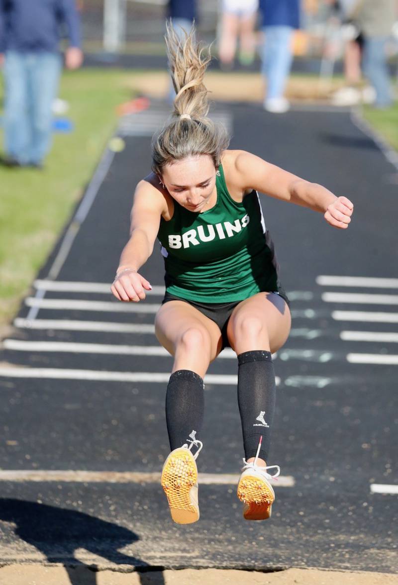 St. Bede's Anna Lopez lands in the long jump in Thursday's Howard-Monier Girls Invitational at Princeton. She took first place.