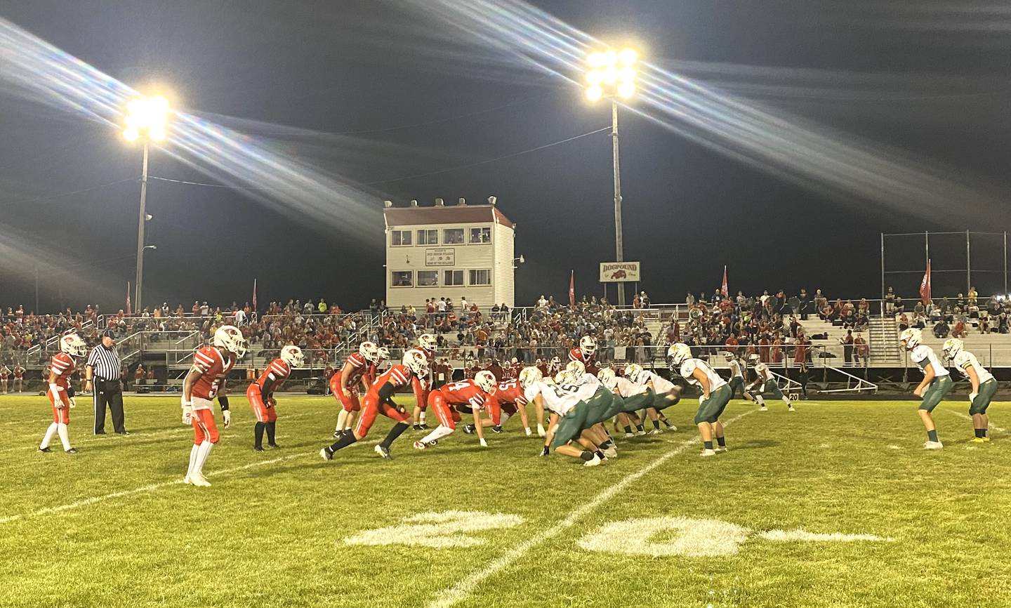 The Streator defense, at left, and Coal City offense line up pre-snap during their Illinois Central Eight Conference clash Friday, Sept. 13, 2024, at Doug Dieken Stadium in Streator.