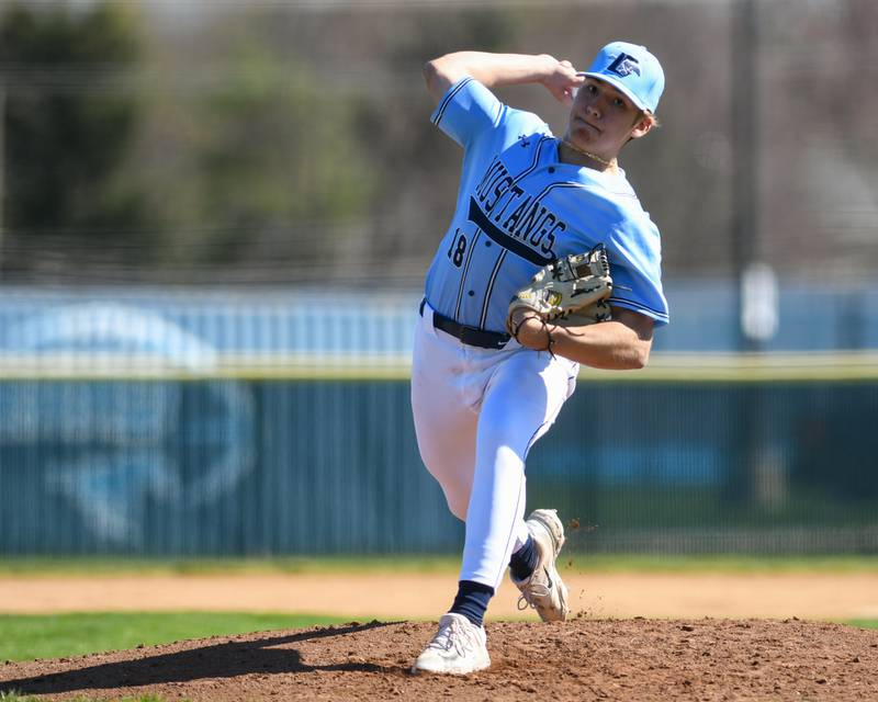 Downers Grove South’s Tyler Maylath pitches during the game at Downers Grove South while taking on Downers Grove North on Saturday April 13, 2024.