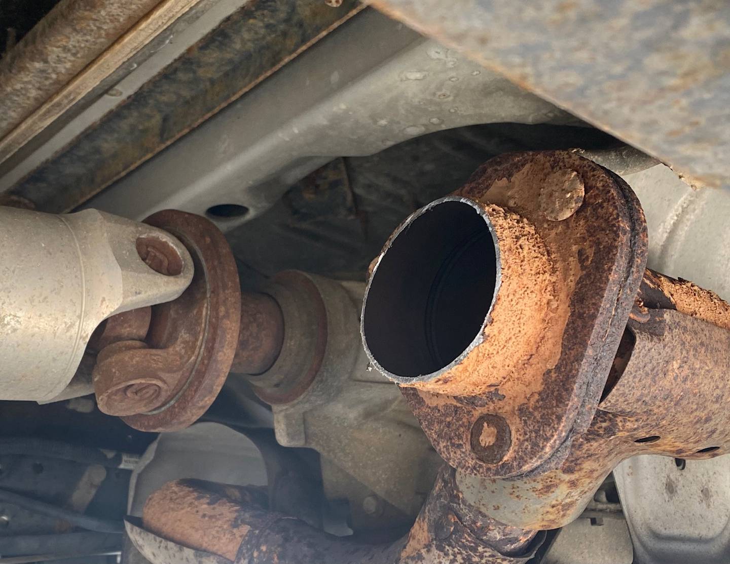 A missing catalytic converter, just one of 28 stolen the weekend of Aug. 28, 2022, from trucks at Signature Truck Center in Crystal Lake.