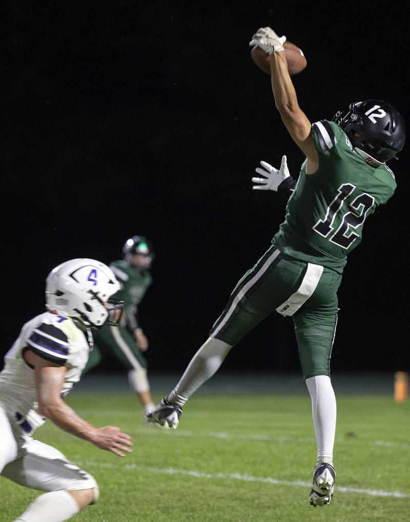 Rock Falls’ Austin Casteneda snags a ball against Dixon Friday, Sept. 13, 2024, at Hinders Field in Rock Falls.