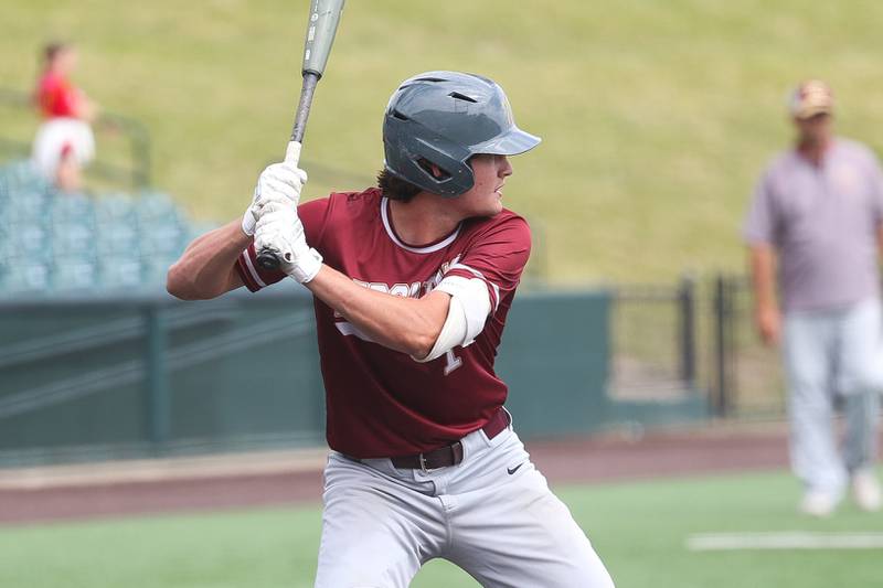 Morris’ A.J. Zweeres bats against Highland in the IHSA Class 3A 3rd place game on Saturday June 8, 2024 Duly Health and Care Field in Joliet.