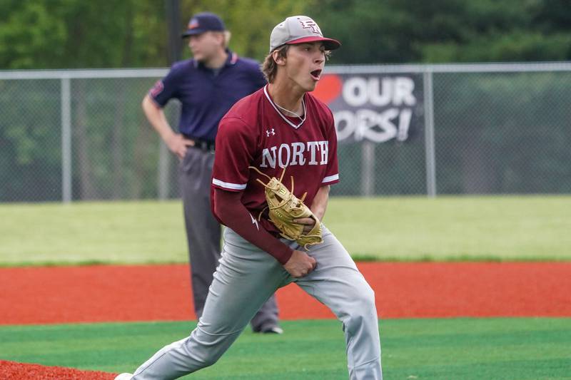 Plainfield North's Joe Guiliano (7) reacts after pitching a complete game shutout against Yorkville at Yorkville High School in Yorkville on Thursday, May 16, 2024.